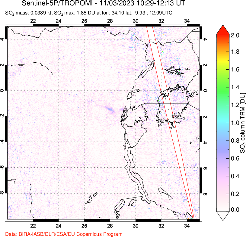 A sulfur dioxide image over Nyiragongo, DR Congo on Nov 03, 2023.