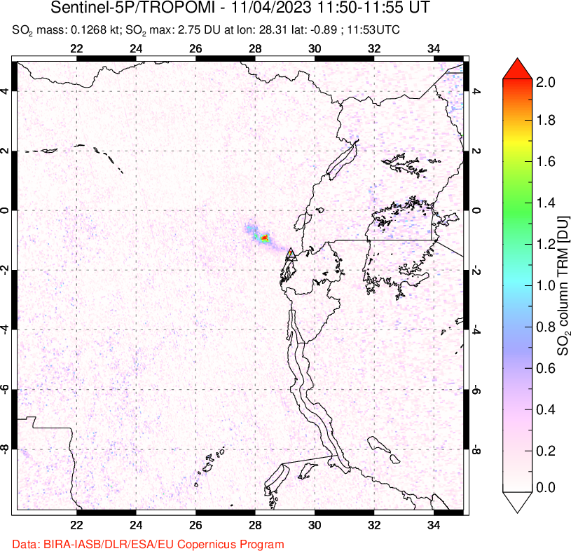 A sulfur dioxide image over Nyiragongo, DR Congo on Nov 04, 2023.