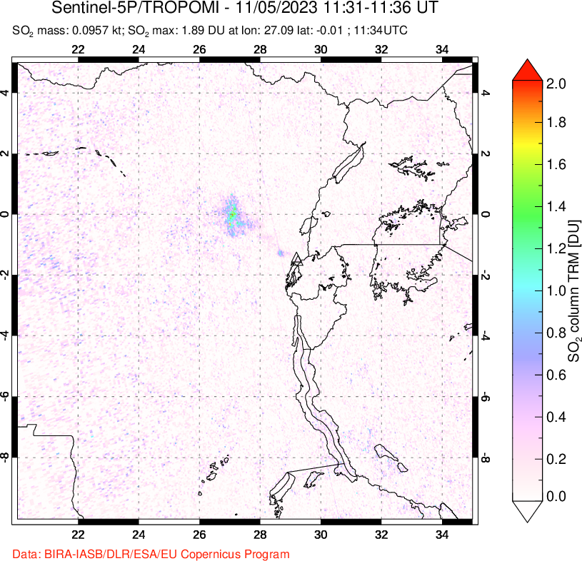 A sulfur dioxide image over Nyiragongo, DR Congo on Nov 05, 2023.