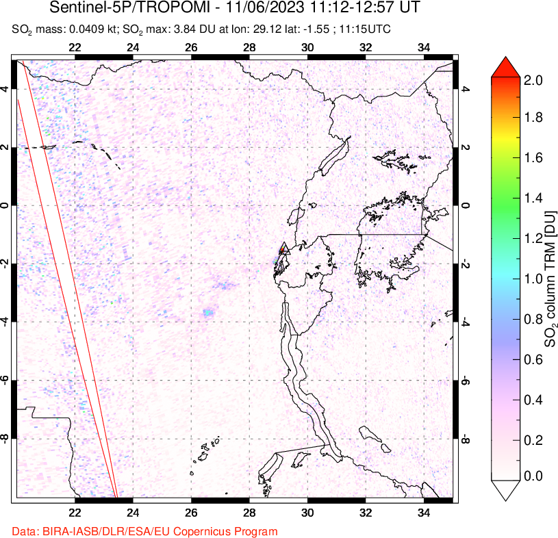 A sulfur dioxide image over Nyiragongo, DR Congo on Nov 06, 2023.