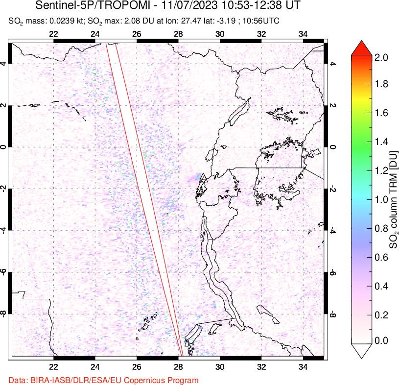 A sulfur dioxide image over Nyiragongo, DR Congo on Nov 07, 2023.