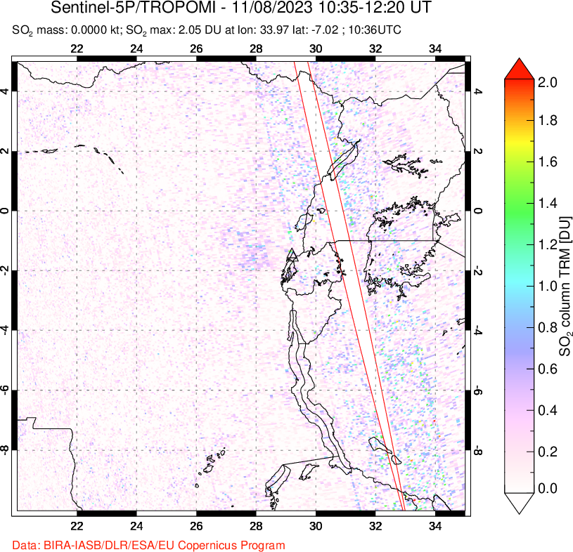 A sulfur dioxide image over Nyiragongo, DR Congo on Nov 08, 2023.