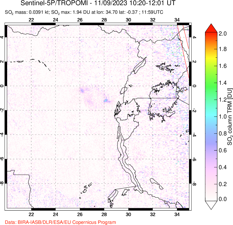 A sulfur dioxide image over Nyiragongo, DR Congo on Nov 09, 2023.