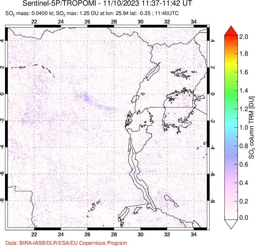 A sulfur dioxide image over Nyiragongo, DR Congo on Nov 10, 2023.