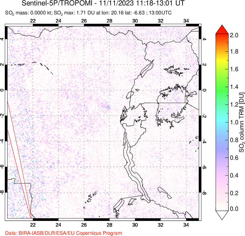 A sulfur dioxide image over Nyiragongo, DR Congo on Nov 11, 2023.