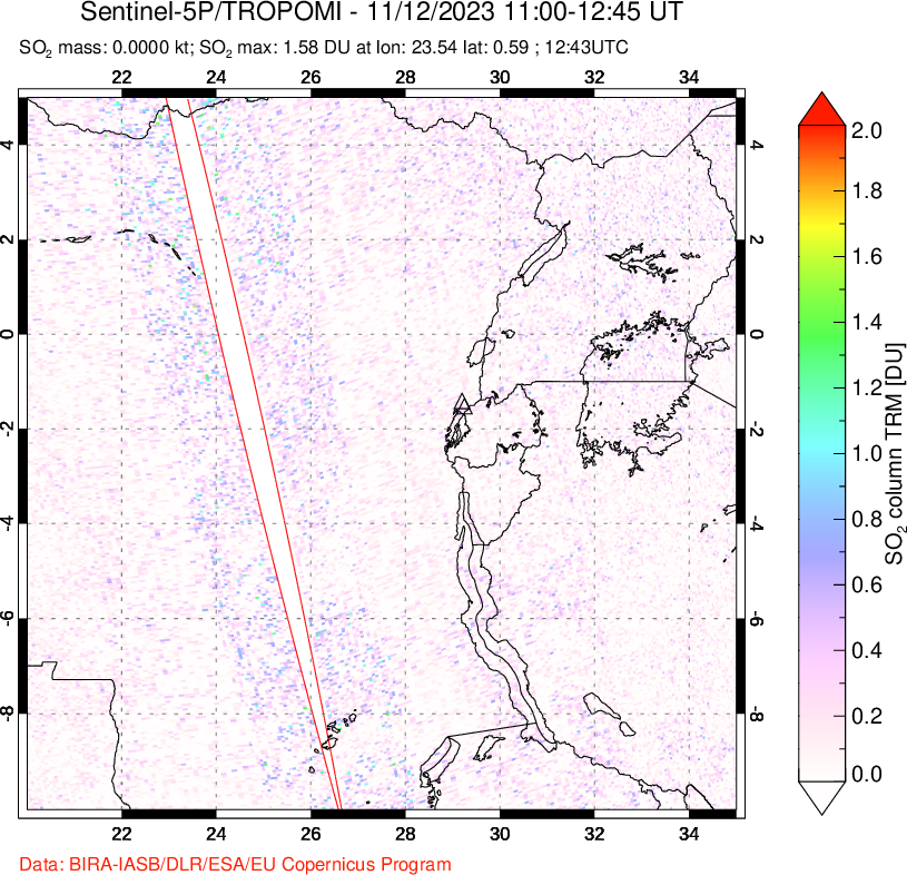 A sulfur dioxide image over Nyiragongo, DR Congo on Nov 12, 2023.