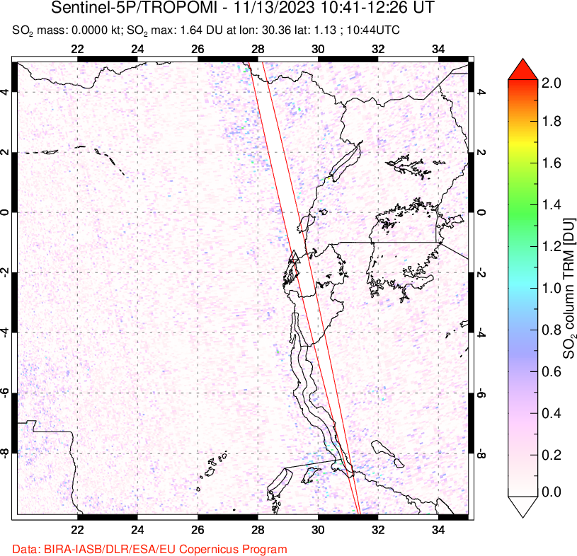 A sulfur dioxide image over Nyiragongo, DR Congo on Nov 13, 2023.