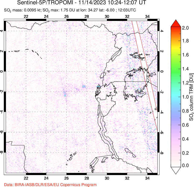 A sulfur dioxide image over Nyiragongo, DR Congo on Nov 14, 2023.