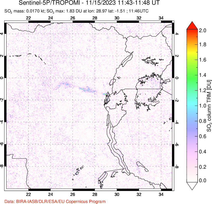 A sulfur dioxide image over Nyiragongo, DR Congo on Nov 15, 2023.