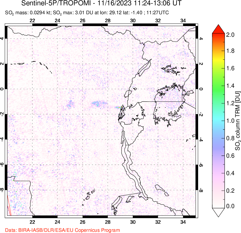 A sulfur dioxide image over Nyiragongo, DR Congo on Nov 16, 2023.