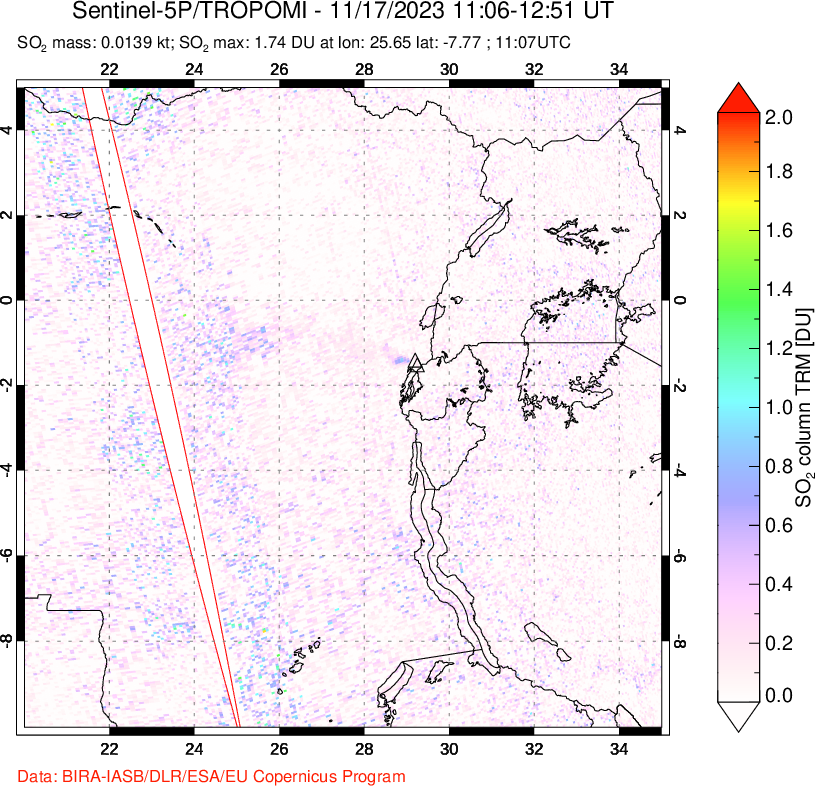 A sulfur dioxide image over Nyiragongo, DR Congo on Nov 17, 2023.