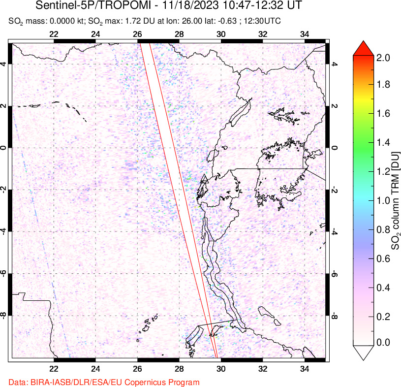 A sulfur dioxide image over Nyiragongo, DR Congo on Nov 18, 2023.