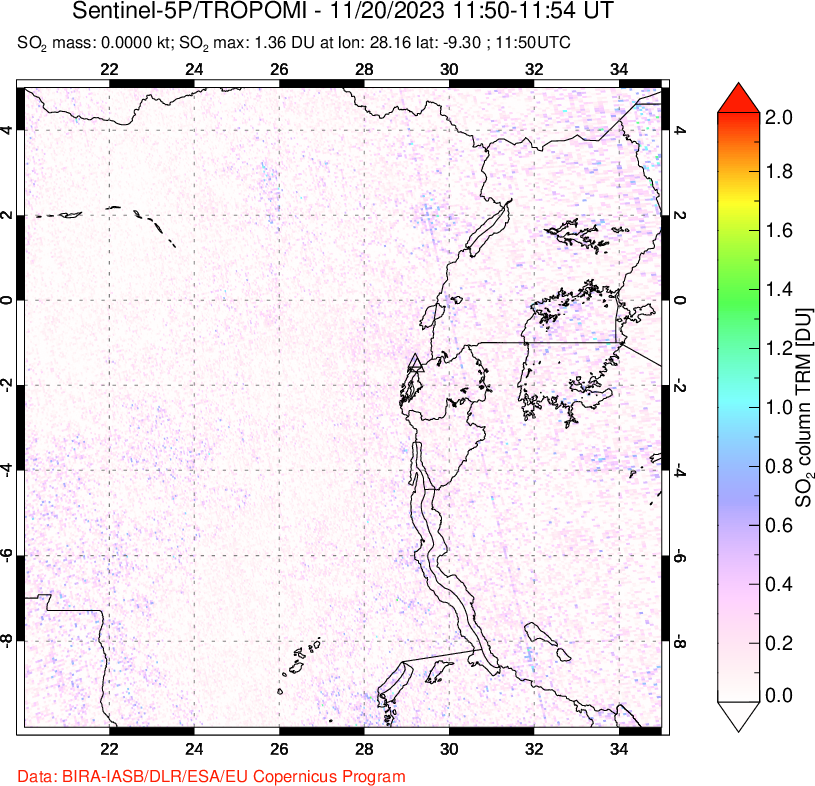 A sulfur dioxide image over Nyiragongo, DR Congo on Nov 20, 2023.