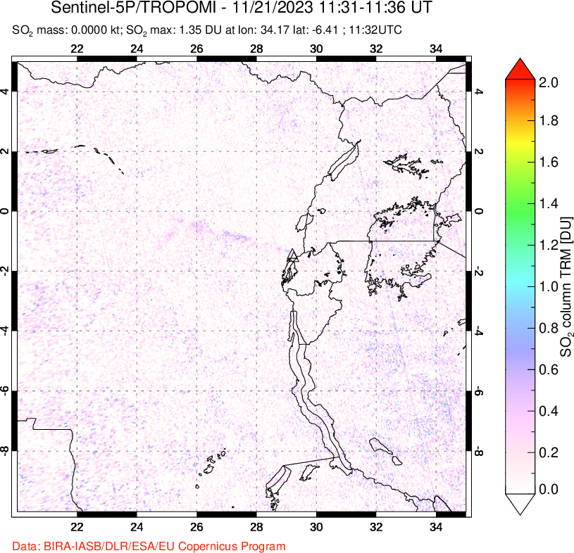 A sulfur dioxide image over Nyiragongo, DR Congo on Nov 21, 2023.