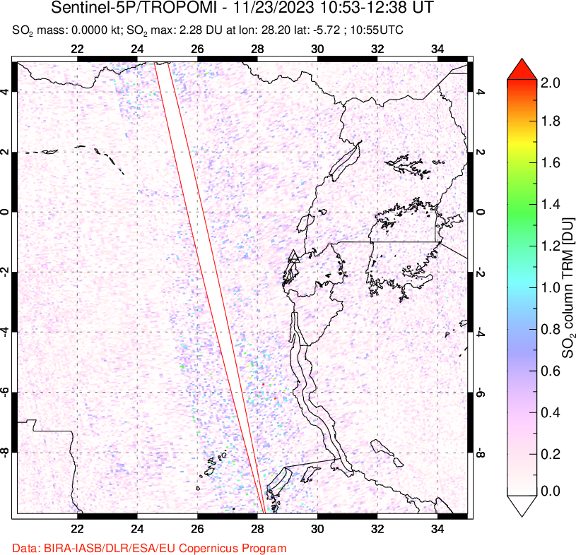 A sulfur dioxide image over Nyiragongo, DR Congo on Nov 23, 2023.