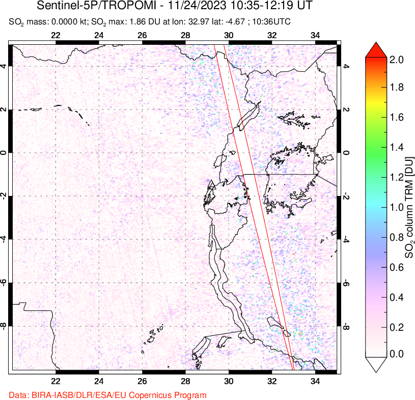 A sulfur dioxide image over Nyiragongo, DR Congo on Nov 24, 2023.