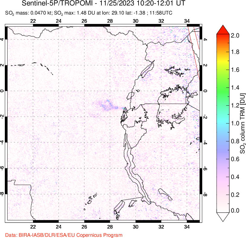 A sulfur dioxide image over Nyiragongo, DR Congo on Nov 25, 2023.