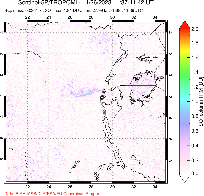 A sulfur dioxide image over Nyiragongo, DR Congo on Nov 26, 2023.