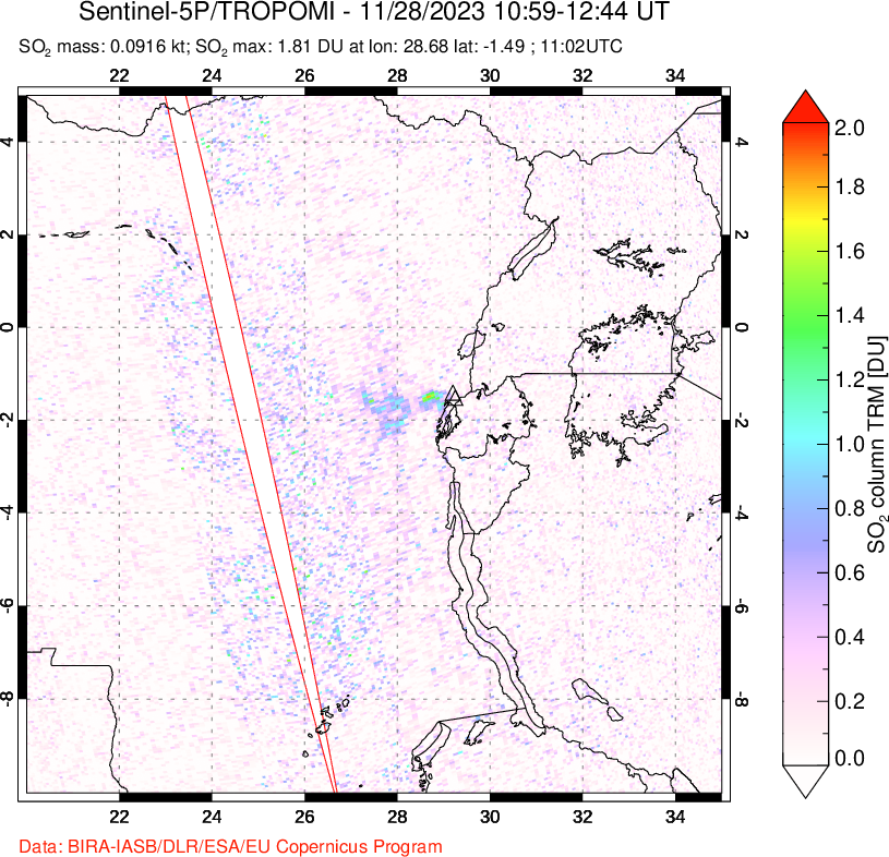 A sulfur dioxide image over Nyiragongo, DR Congo on Nov 28, 2023.