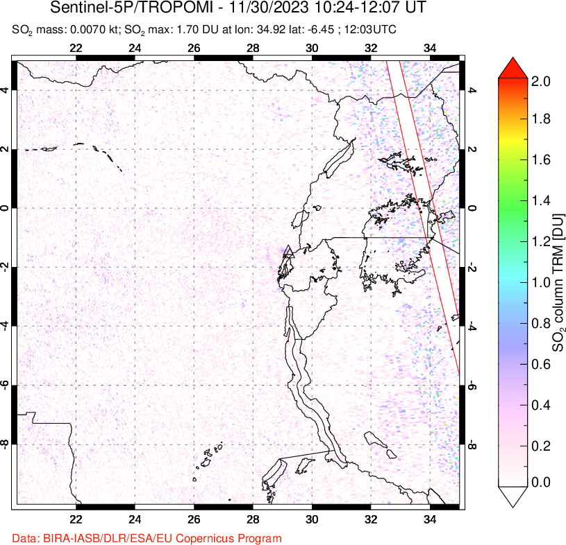 A sulfur dioxide image over Nyiragongo, DR Congo on Nov 30, 2023.