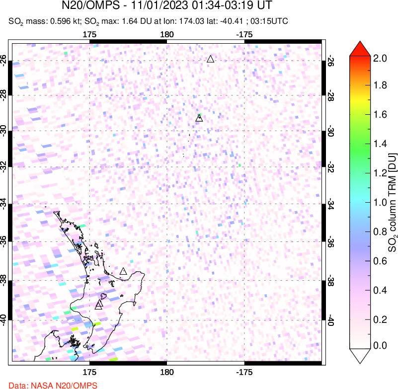 A sulfur dioxide image over New Zealand on Nov 01, 2023.