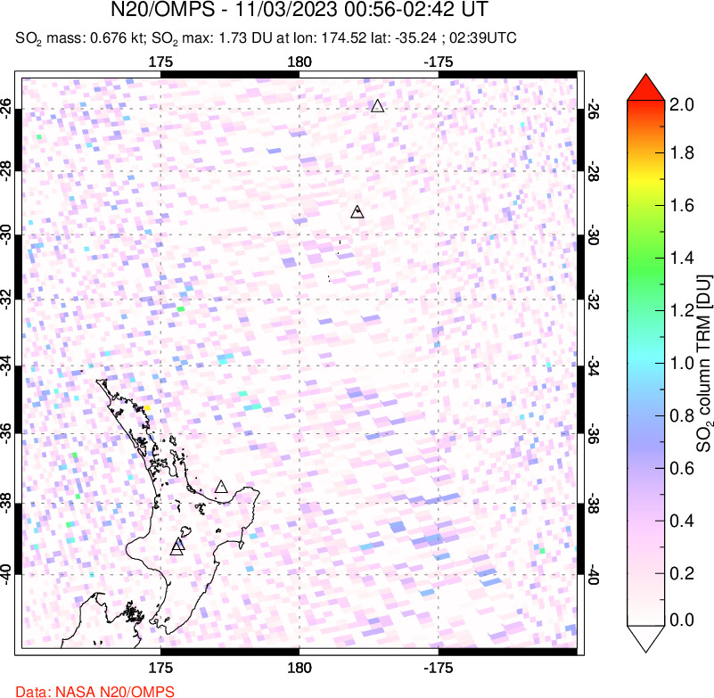 A sulfur dioxide image over New Zealand on Nov 03, 2023.