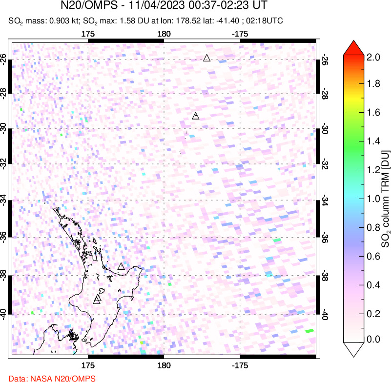 A sulfur dioxide image over New Zealand on Nov 04, 2023.