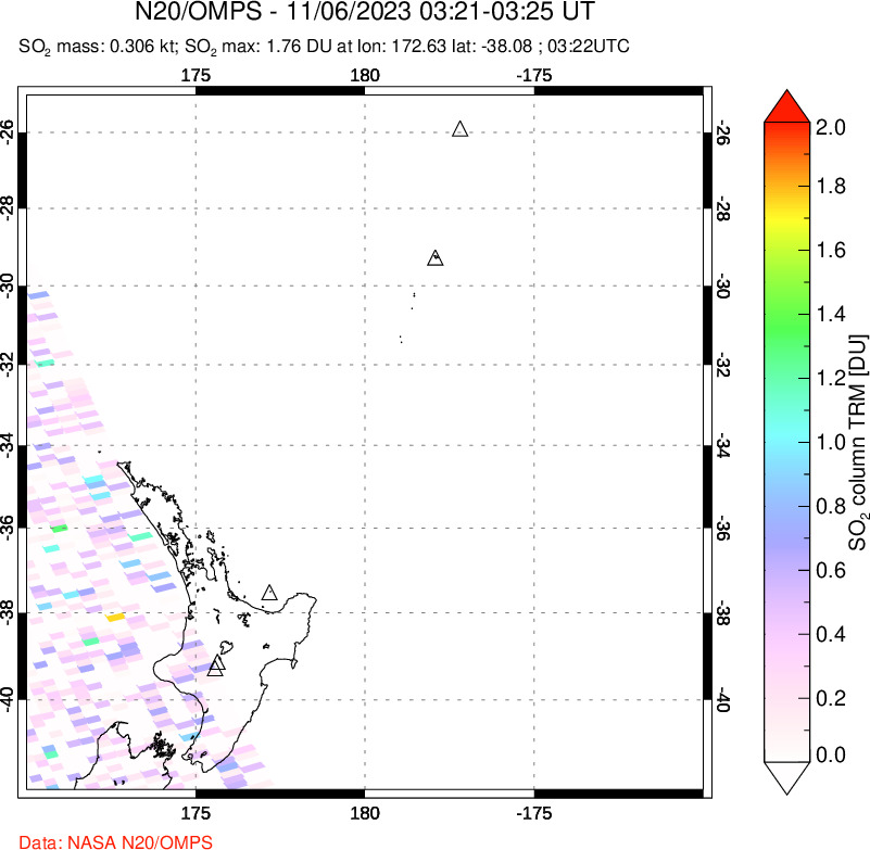 A sulfur dioxide image over New Zealand on Nov 06, 2023.