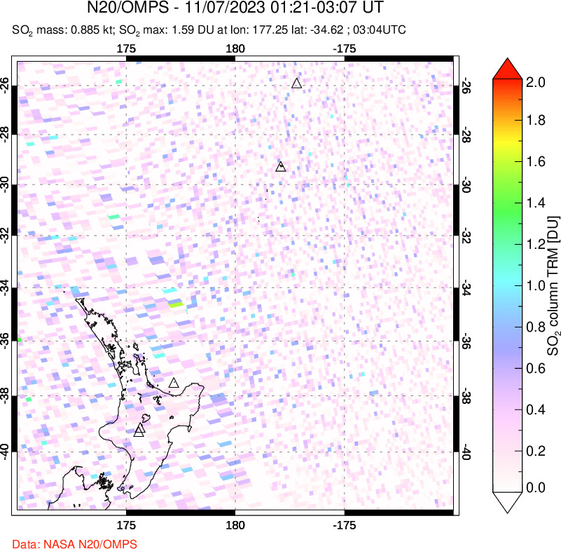 A sulfur dioxide image over New Zealand on Nov 07, 2023.