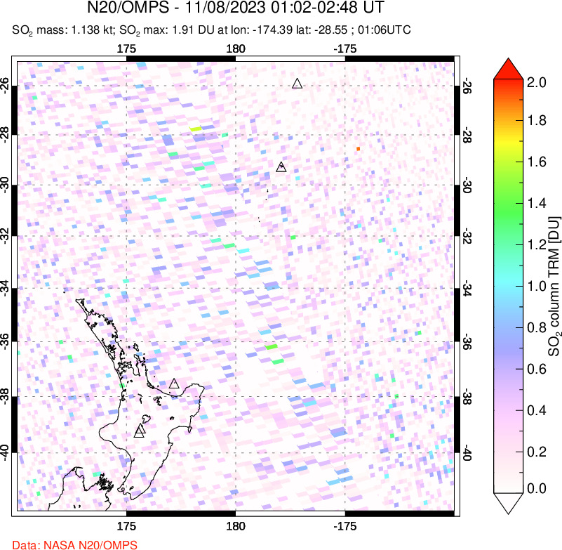 A sulfur dioxide image over New Zealand on Nov 08, 2023.