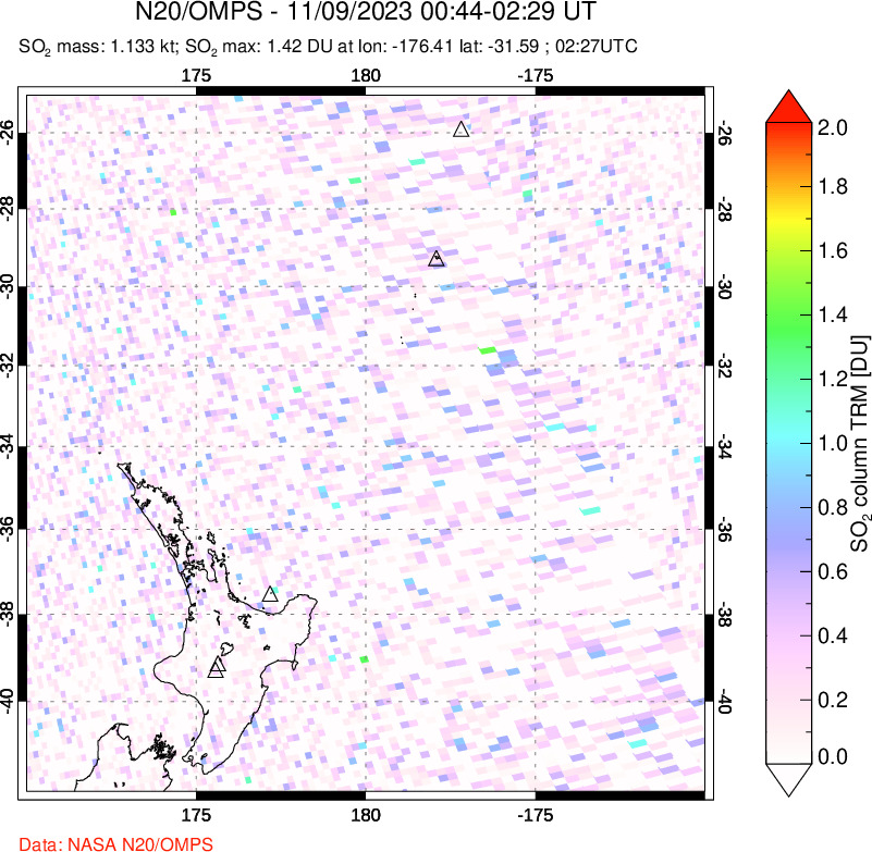 A sulfur dioxide image over New Zealand on Nov 09, 2023.