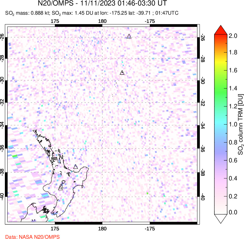 A sulfur dioxide image over New Zealand on Nov 11, 2023.