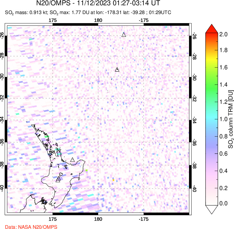 A sulfur dioxide image over New Zealand on Nov 12, 2023.