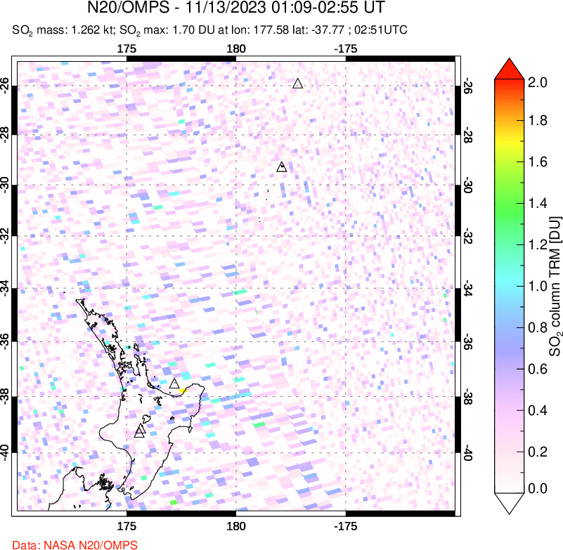 A sulfur dioxide image over New Zealand on Nov 13, 2023.