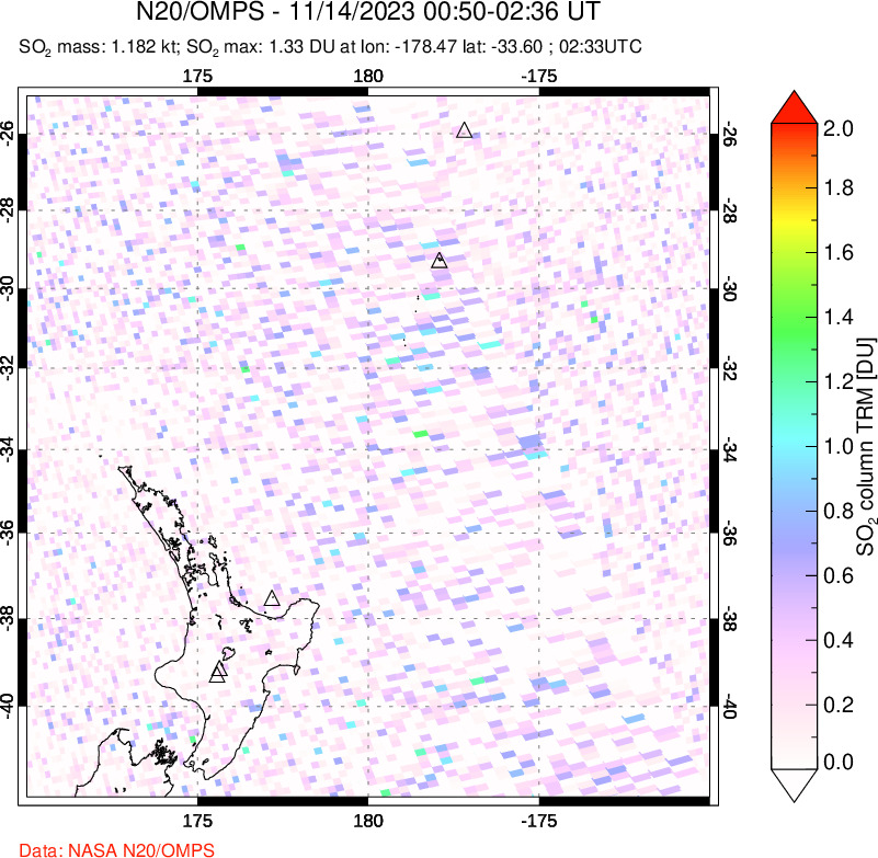 A sulfur dioxide image over New Zealand on Nov 14, 2023.