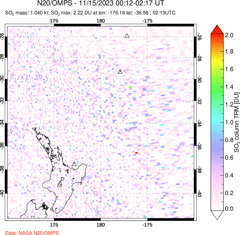 A sulfur dioxide image over New Zealand on Nov 15, 2023.