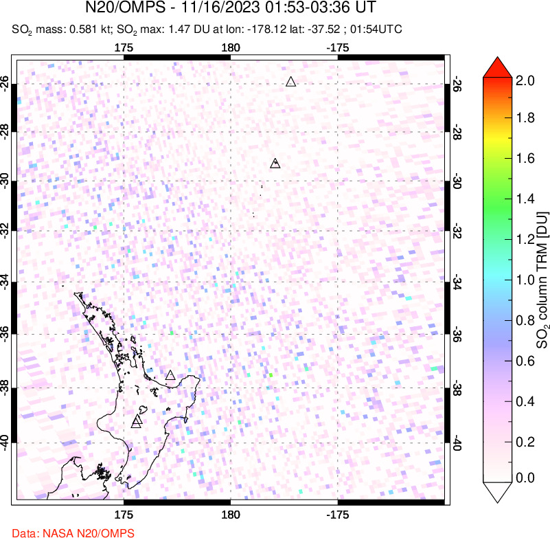 A sulfur dioxide image over New Zealand on Nov 16, 2023.