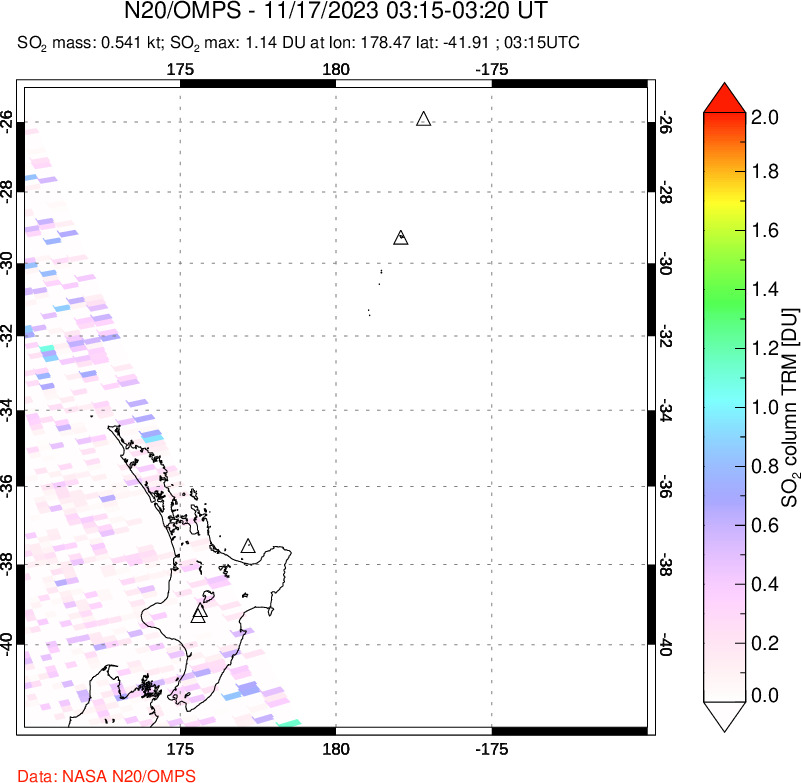 A sulfur dioxide image over New Zealand on Nov 17, 2023.