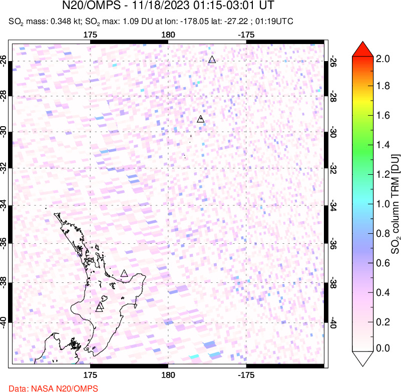 A sulfur dioxide image over New Zealand on Nov 18, 2023.