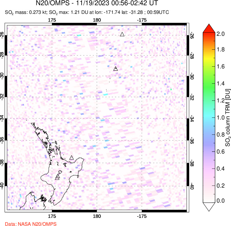 A sulfur dioxide image over New Zealand on Nov 19, 2023.