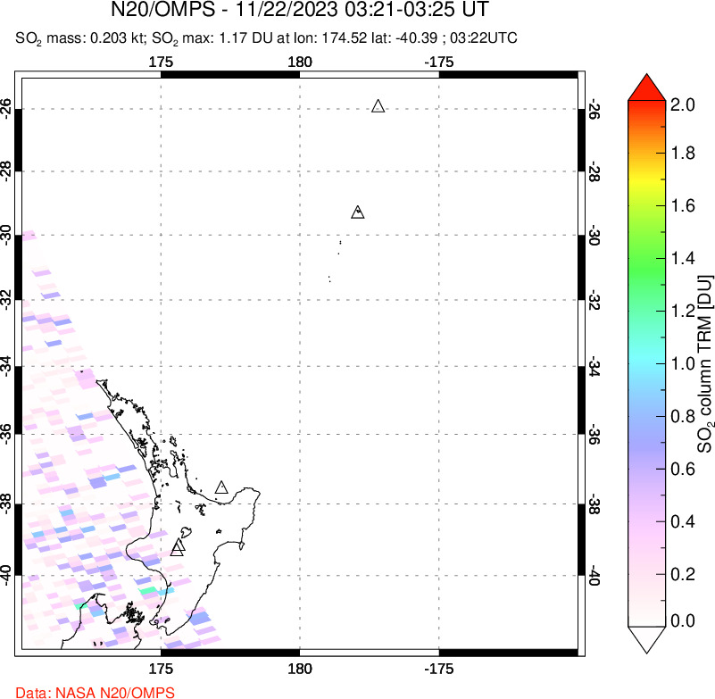 A sulfur dioxide image over New Zealand on Nov 22, 2023.