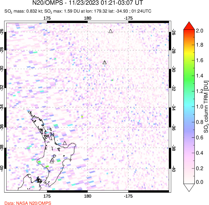 A sulfur dioxide image over New Zealand on Nov 23, 2023.