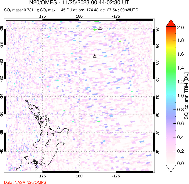 A sulfur dioxide image over New Zealand on Nov 25, 2023.