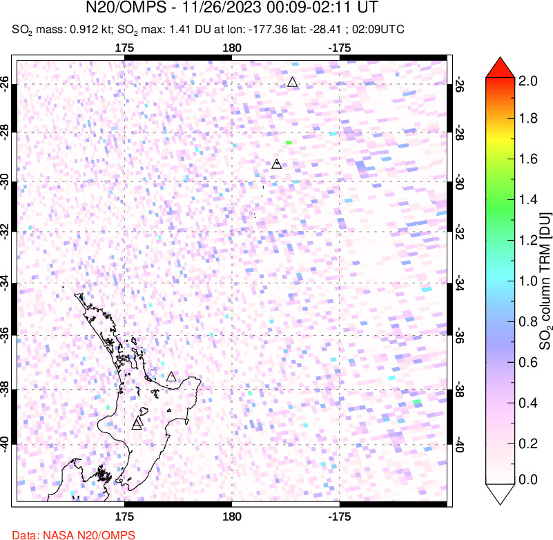 A sulfur dioxide image over New Zealand on Nov 26, 2023.