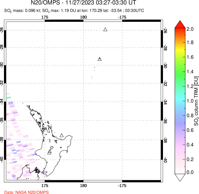 A sulfur dioxide image over New Zealand on Nov 27, 2023.