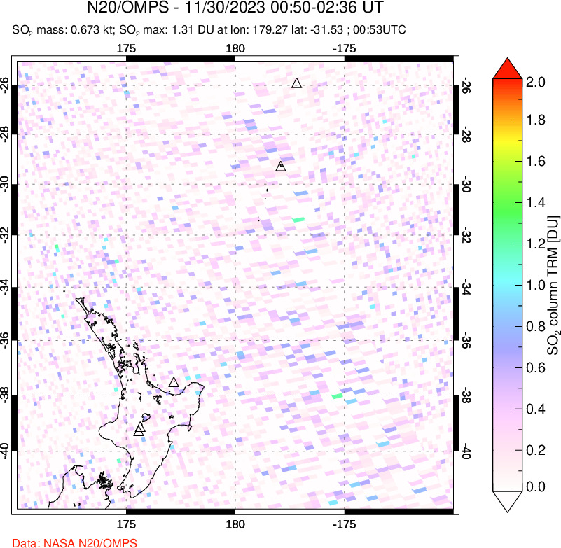 A sulfur dioxide image over New Zealand on Nov 30, 2023.