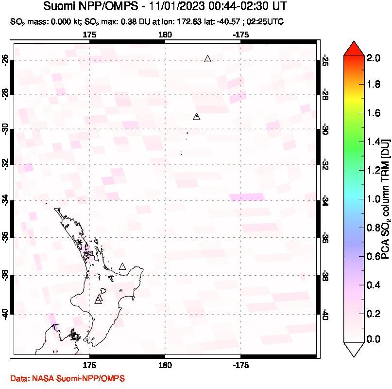 A sulfur dioxide image over New Zealand on Nov 01, 2023.