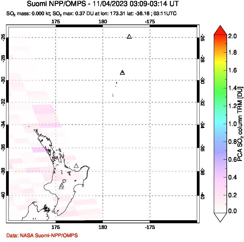 A sulfur dioxide image over New Zealand on Nov 04, 2023.