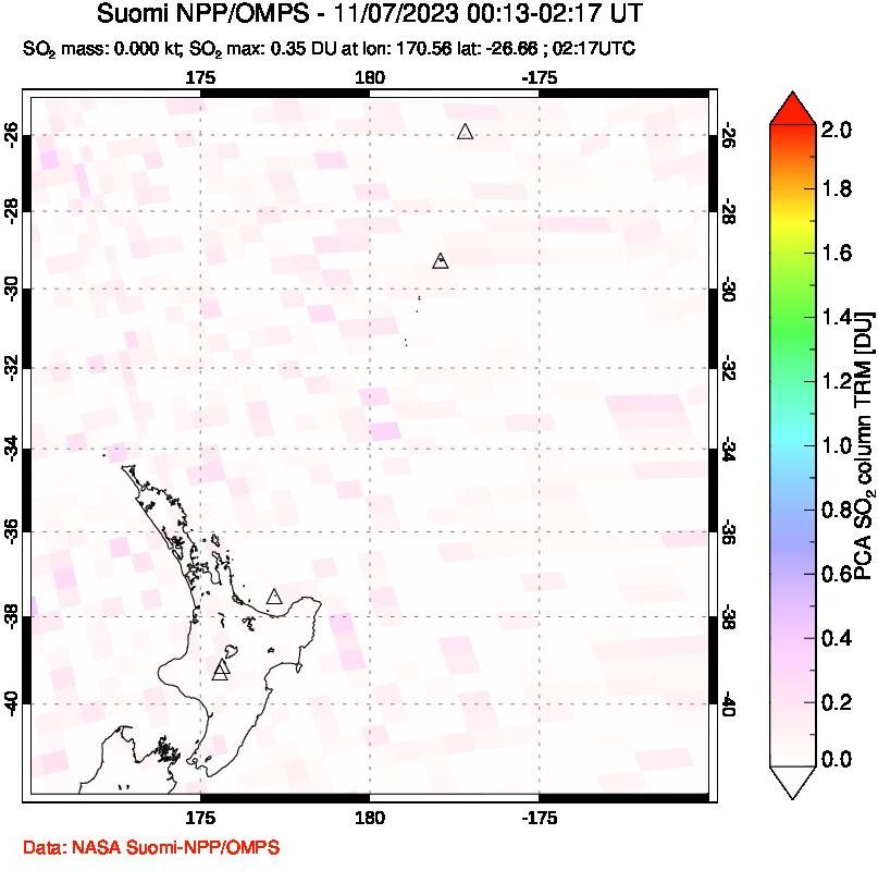 A sulfur dioxide image over New Zealand on Nov 07, 2023.