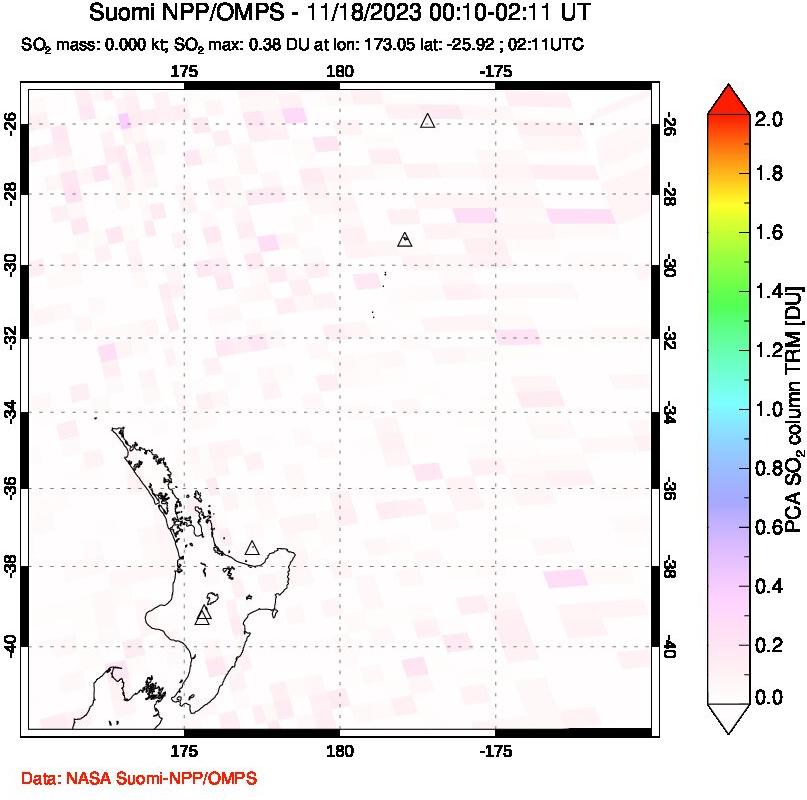 A sulfur dioxide image over New Zealand on Nov 18, 2023.